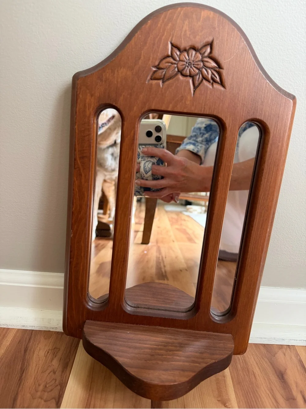 Vintage Hand-Carved Wooden Wall Mirror with Built-In Display Shelf